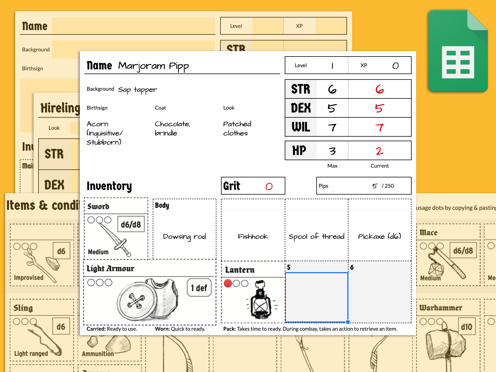 An edited screenshot superimposing tabs of a Google Sheets character sheet for Mausritter. Screenshot